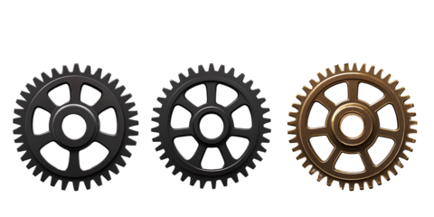  Three gears, gear cutout, metal material, industrial style, transparent background