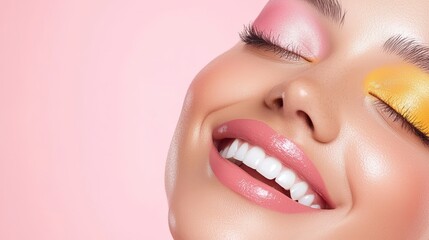 Fototapeta premium A smiling woman with vibrant makeup featuring pink and yellow eyeshadow, radiating joy against a soft pink background.