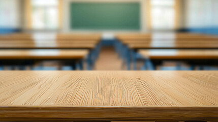 Empty wooden desk in blurred classroom, empty classroom, end of the school year, empty desks in school, generative ai
