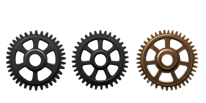  Three gears, gear cutout, metal material, industrial style, transparent background