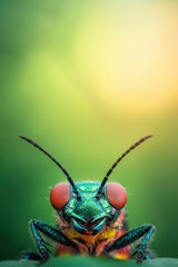 Fototapeta premium A bug with a green head and red eyes is looking at the camera. The bug is on a leaf