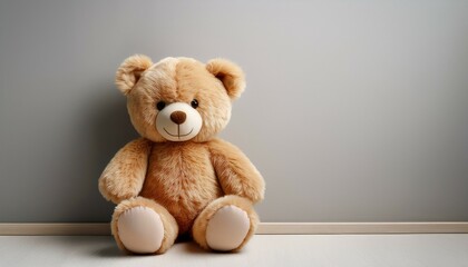 Obraz premium a soft teddy bear is comfortably seated against a light gray wall creating a warm and inviting atmosphere in this cozy space