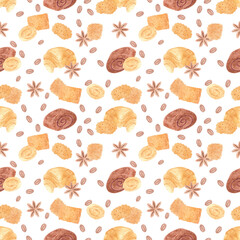 Hand drawn watercolor croissants buns cookies with coffee beans seamless pattern isolated on white background. Can be used for textile, fabric, scrapbook and other printed products.