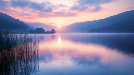 Fototapeta premium Tranquil sunrise over a calm lake, evoking peace and serenity.