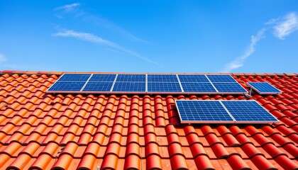 Red tile roof topped with solar panels under a vibrant blue sky, eco, house