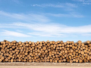 A stack of neatly arranged logs sits against a clear blue sky, showcasing their natural textures and colors in a serene outdoor setting.