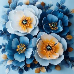 Beautiful colorful paper flowers with leaves on a light blue background
