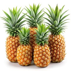 Fototapeta premium Group of five ripe pineapples with vibrant green tops on white background