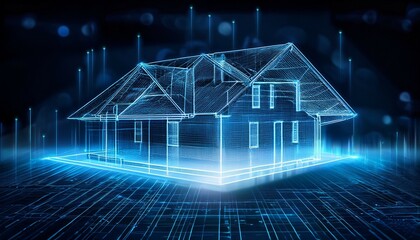 futuristic wireframe house hologram emerging from blueprint innovative technology and design
