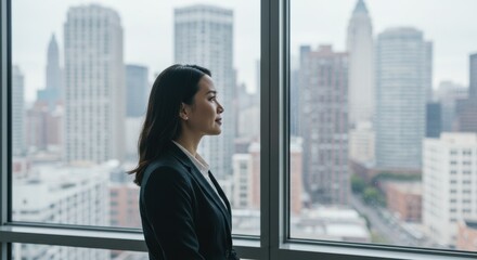 Woman gazing out the window at cityscape with skyscrapers in the background in a contemplative mood
