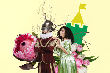 Fototapeta premium 3D collage design trend artwork sketch of fortress hero knight conqueror ancient vintage clothing young lady smile touch man flower spring
