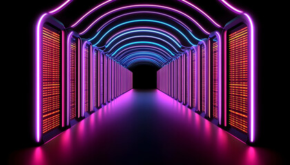 Neon-lit server room corridor; futuristic data center