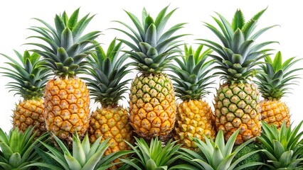 A Row of Ripe Pineapples with Lush Green Foliage Against a White Background