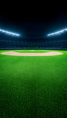 Night baseball field, stadium lights illuminate empty green diamond