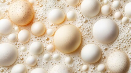 A pattern of small and large colored eggs forming a gradient on a soft beige background.
