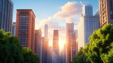 Obraz premium Scenic sunset over skyscrapers urban cityscape digital art vibrant environment wide-angled view modern aesthetic