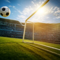 Action shot of a soccer ball approaching the goal in a vibrant stadium