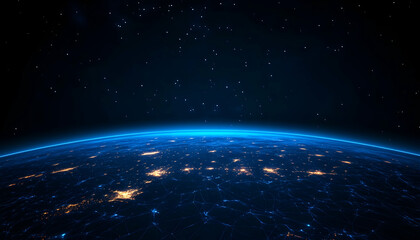 Night Earth, glowing city lights and network connections against dark space