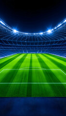 Night soccer stadium, bright lights illuminating lush green field