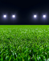 Night stadium, bright lights illuminate lush green field