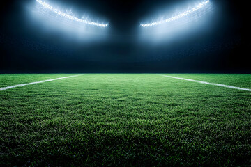 Night stadium, bright lights illuminating green field