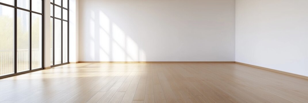 A large, empty room with a lot of natural light coming in through the windows. The room is bare and uncluttered, with no furniture or decorations. The open windows let in a lot of light