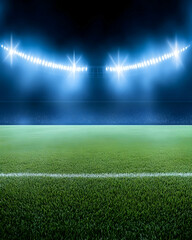 Night stadium view; illuminated field, bright lights
