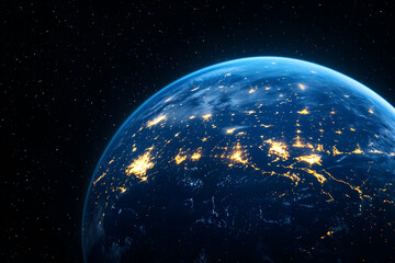 Night view of Earth from space, showcasing city lights and swirling clouds against a dark backdrop