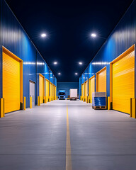 Night view of a warehouse loading dock with yellow doors, a truck, and pallets