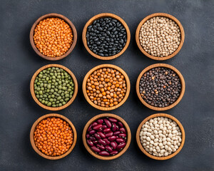 Nine bowls of assorted dried legumes and lentils on dark background