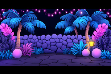 Nighttime tropical scene with stone wall, palm trees, glowing orbs, and string lights