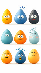 Nine sad cartoon water drop characters in various colors and expressions