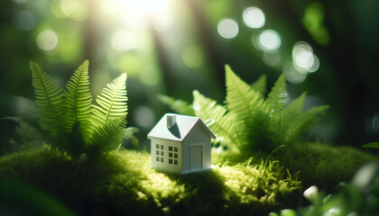 A small 3d model white house among green ferns and moss with plant