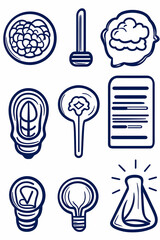 Nine hand-drawn icons depicting ideas, innovation, and research concepts