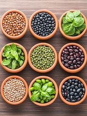 Nine small bowls of various legumes and fresh greens arranged on a wooden surface