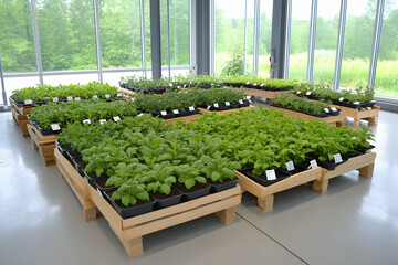 Numerous seedlings in individual pots, arranged on wooden pallets inside a sunlit greenhouse