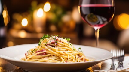 A plate of spaghetti carbonara with a side of red wine.
