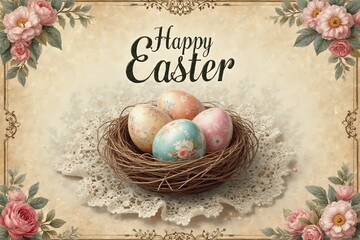 A parchment-textured, antique-style background with intricate Victorian floral engravings. A nest with delicately painted pastel eggs in vintage floral patterns. 