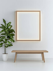 Minimalist interior with empty light wood frame, bench, and plant