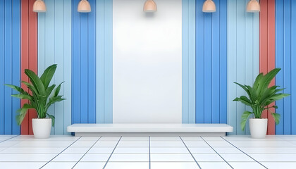 Minimalist interior with pastel wall, plants, and platform