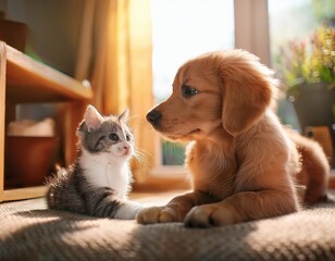 playful kitten and cheerful puppy enjoying a sunny afternoon together in a cozy living room