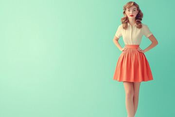 portrait of young blonde woman with vintage styling wearing white blouse and coral skirt against mint background