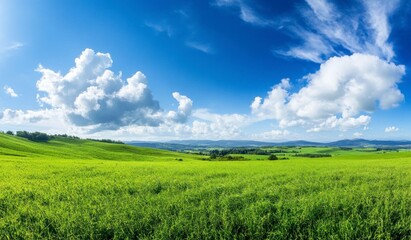 Obraz premium Green Field Landscape with Blue Sky and Clouds Panoramic View