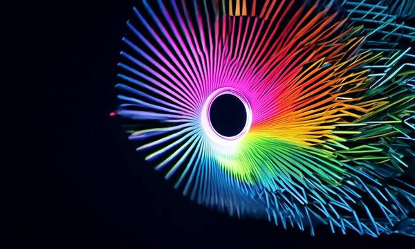 Abstract spinning colorful blades on a black background. Design. Rotating details of mechanism.