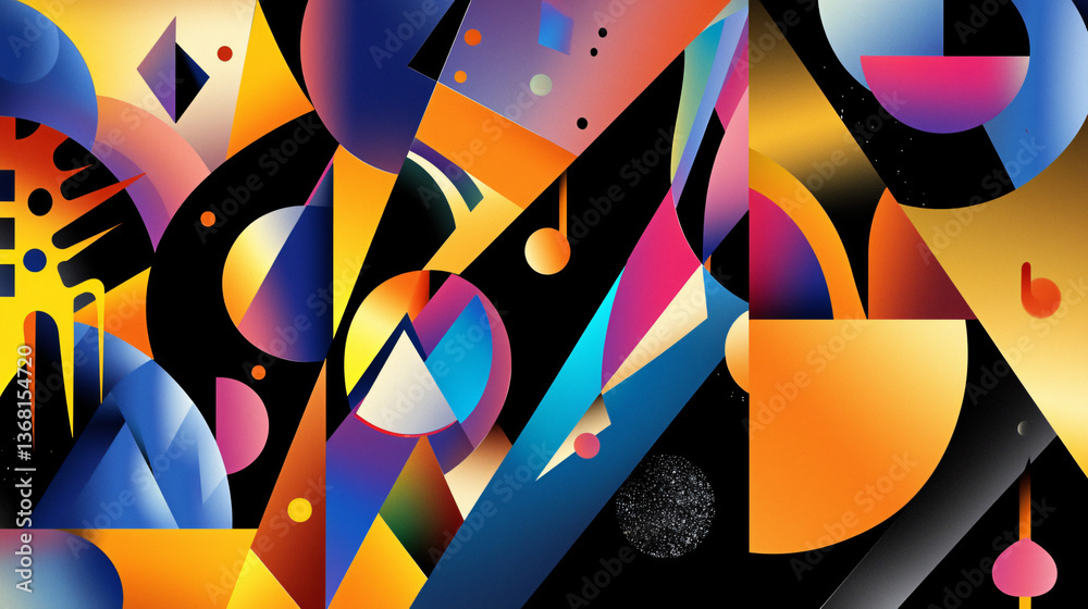 Poster colorful abstract background featuring tension between rigid geometric shapes and fluid forms creati