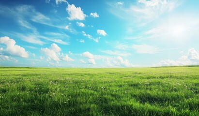 Fototapeta premium Green Grass Field Under Bright Blue Sky with Fluffy White Clouds