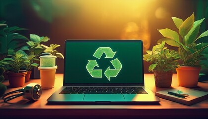 a laptop with a recycle sign on it is on a table next to some plants generative ai