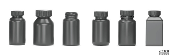 Set of black plastic pill bottle mockup isolated on white background. Blank medicine container mockup. Collection of supplement bottles. 3d Vector illustration