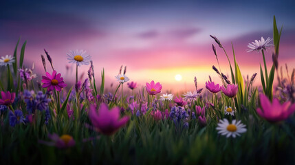 Fototapeta premium Vibrant wildflower field at sunrise nature photography scenic landscape tranquil environment colorful viewpoint natural beauty