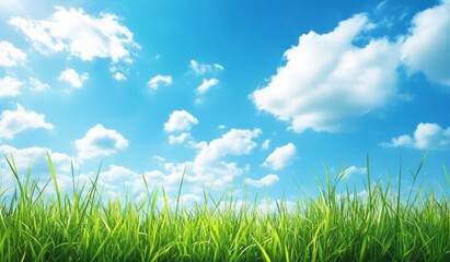 Fresh Green Grass Under Blue Sky with White Clouds Nature Background